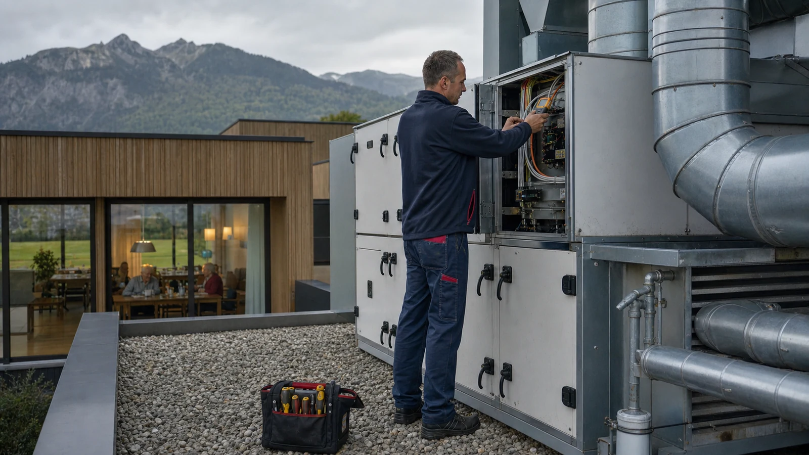 Fachperson bei der Wartung einer Gebäudetechnikanlage